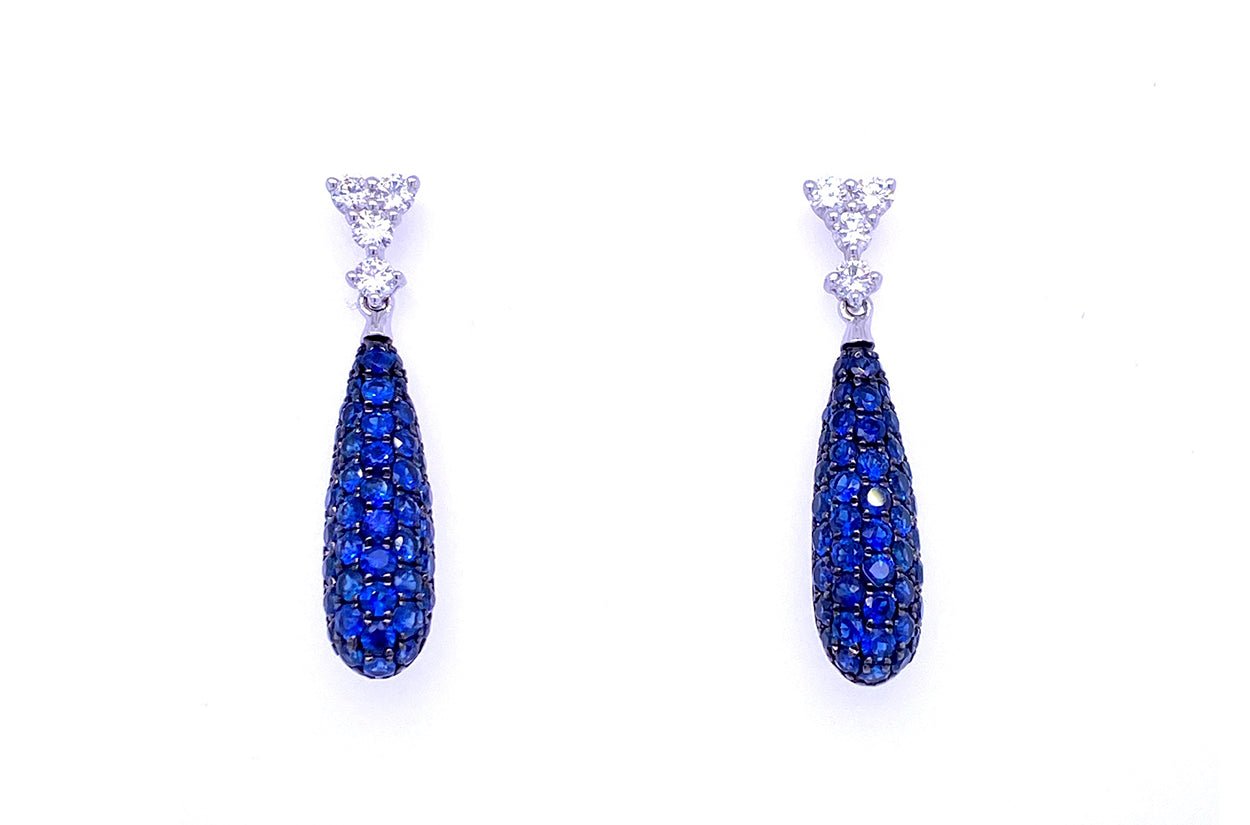 Earrings 18kt Gold Long Tear Blue Sapphires &amp; Diamonds - Diamond Tales Fine Jewelry