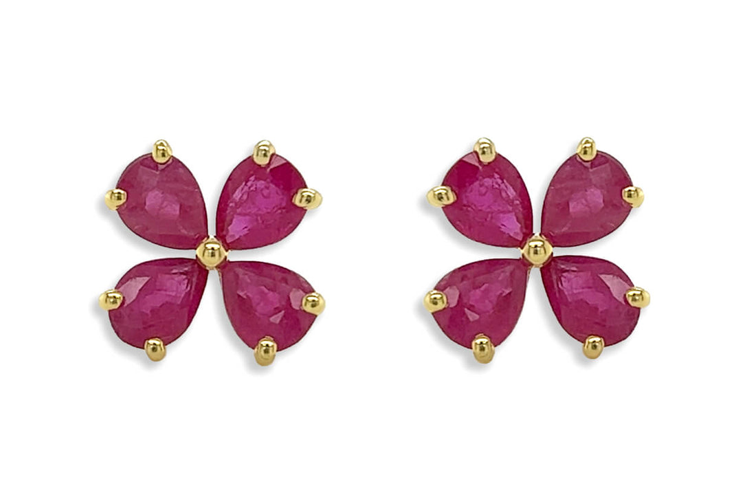 Earrings 18kt Gold Pear Shape Gemstones Flower Studs - Diamond Tales Fine Jewelry
