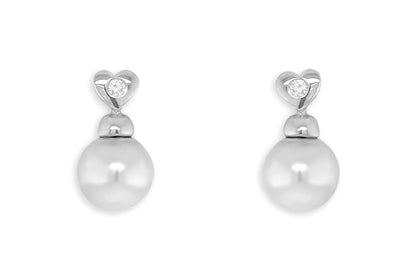 Earrings 18kt Gold Round Grey Pearls &amp; Center Diamonds Hearts Studs - Diamond Tales Fine Jewelry