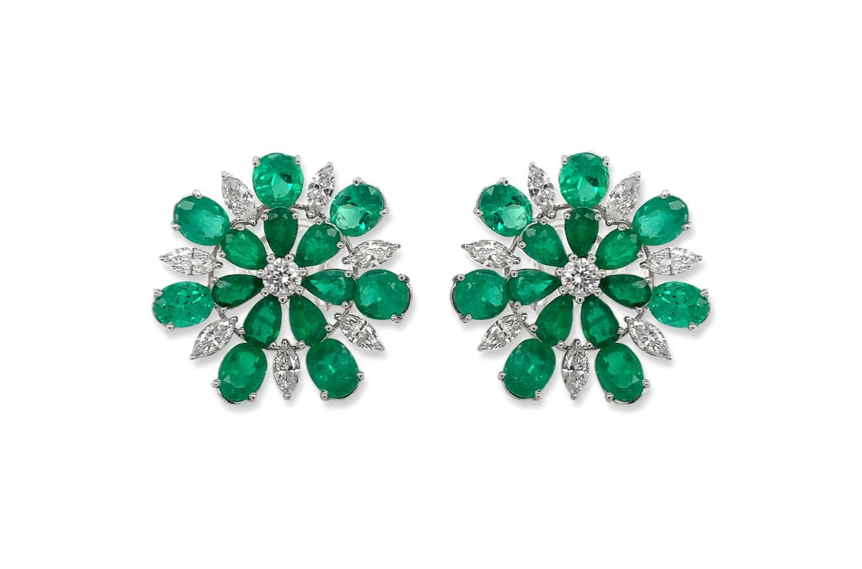 Earrings 18kt White Gold Flowers Emeralds &amp; Diamonds - Diamond Tales Fine Jewelry