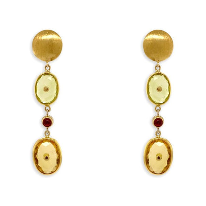 18k yellow gold earrings with lemon citrine cabochon and ruby cabochon accents