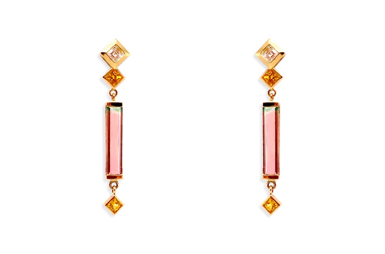 Earrings Long Bicolor Tourmaline &amp; Diamonds - Diamond Tales Fine Jewelry