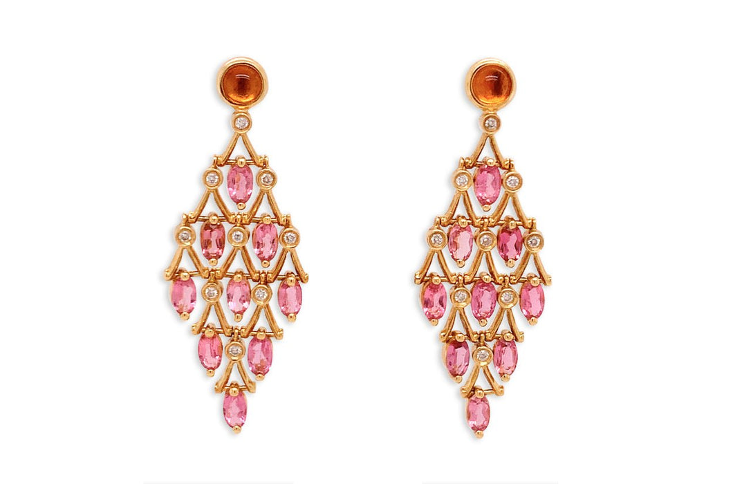 Earrings Orange & Pink Sapphire Chandelier with Diamonds - Diamond Tales Fine Jewelry