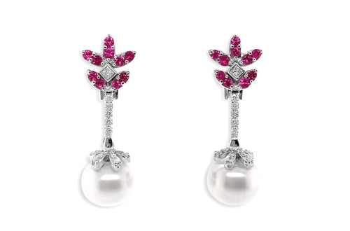 Earrings Pink Sapphires & Diamonds with South Sea Pearls - Diamond Tales Fine Jewelry
