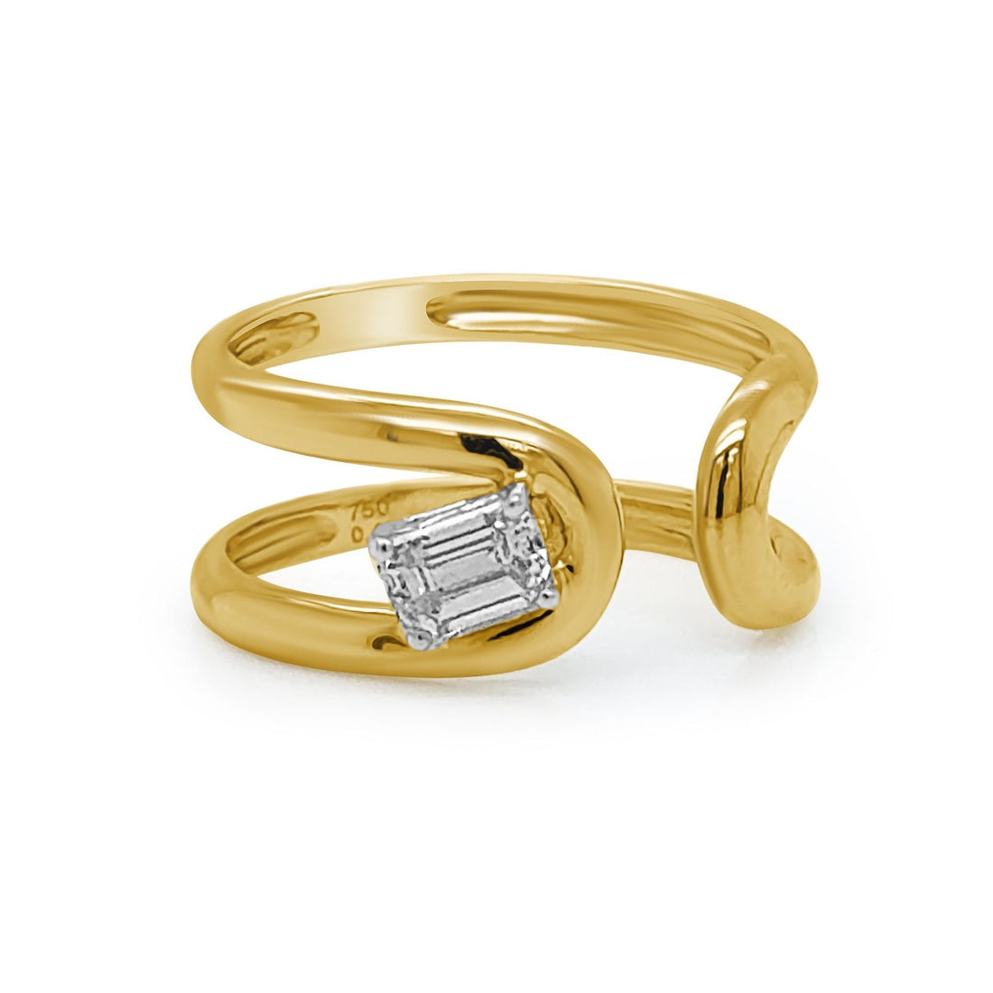 18k gold open ring with emerald-cut diamond by Diamond Tales