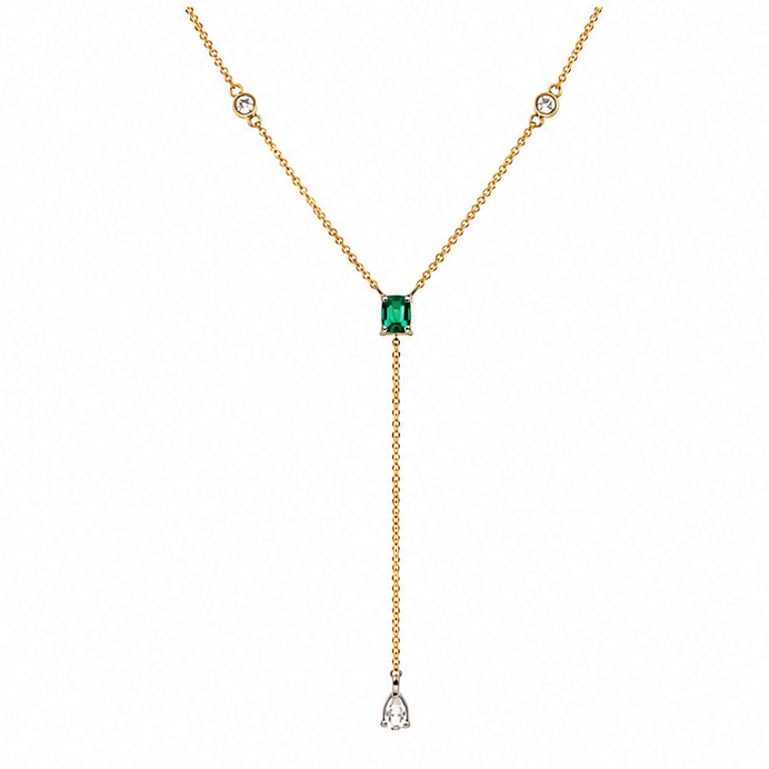 14k yellow gold drop necklace with emerald cut emerald and diamonds