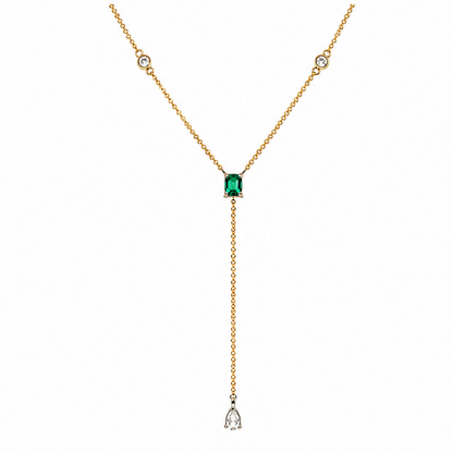 14k yellow gold drop necklace with emerald cut emerald and diamonds