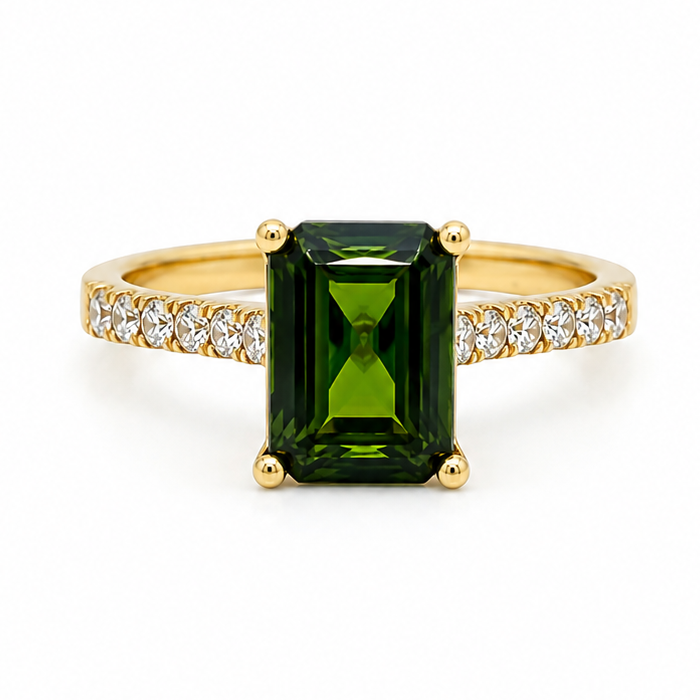 18k gold ring with emerald cut tourmaline and diamonds