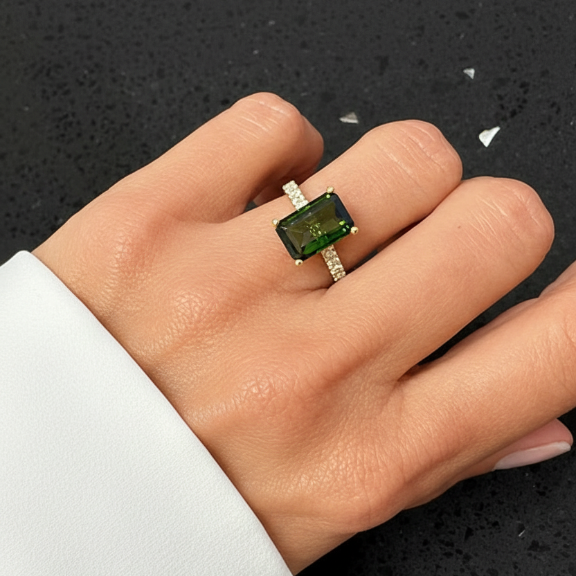18k gold ring with emerald cut tourmaline and diamonds