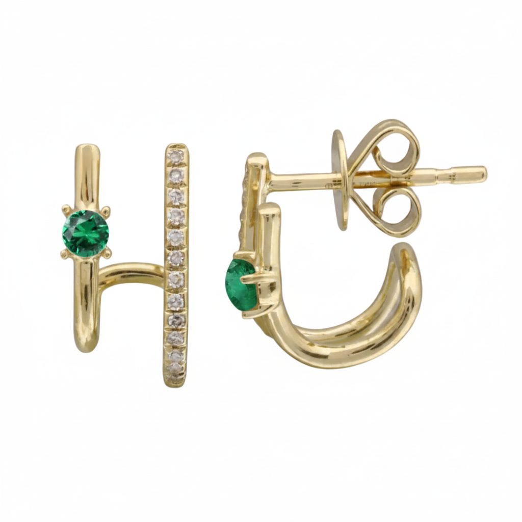 emerald and diamond double row earrings in 14k gold with natural emeralds and diamond accents