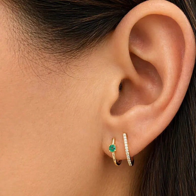 emerald and diamond double row earrings in 14k gold with natural emeralds and diamond accents