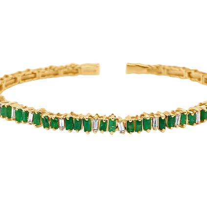 18k yellow gold open bangle bracelet with emeralds and round brilliant diamonds by Diamond Tales