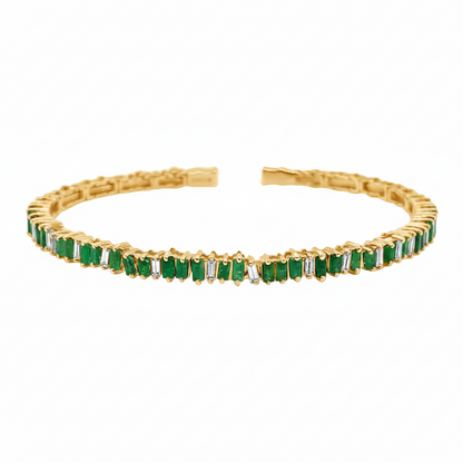 18k yellow gold open bangle bracelet with emeralds and round brilliant diamonds by Diamond Tales