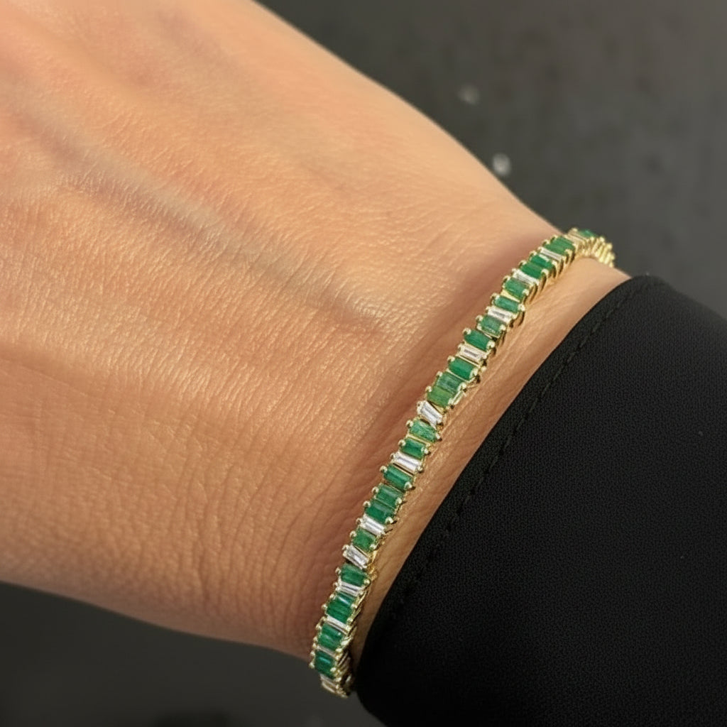 18k yellow gold open bangle bracelet with emeralds and round brilliant diamonds by Diamond Tales