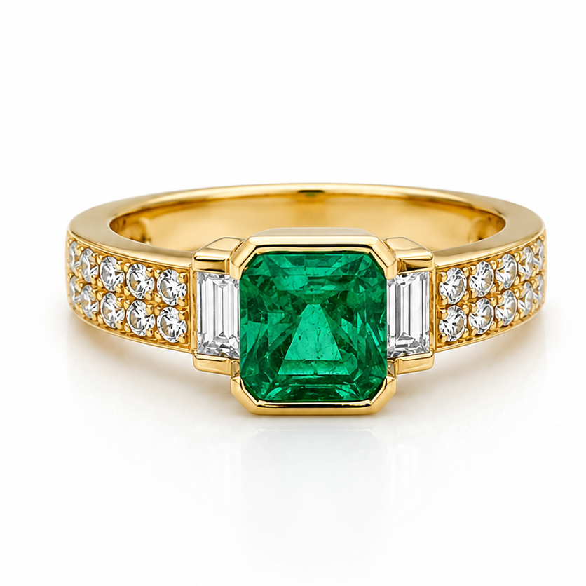 18k yellow gold ring with emeralds and diamonds