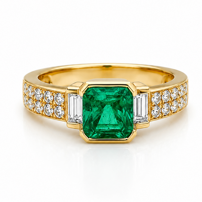18k yellow gold ring with emeralds and diamonds