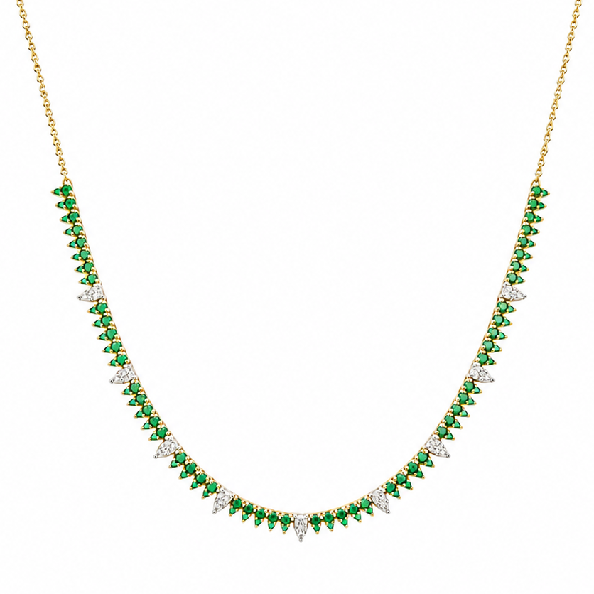 18k yellow gold tennis necklace with emeralds and diamonds, full view