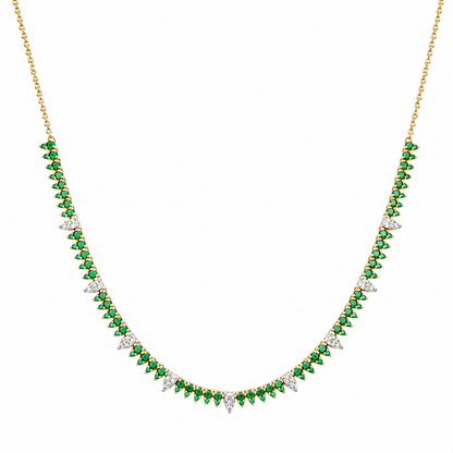 18k yellow gold tennis necklace with emeralds and diamonds, full view