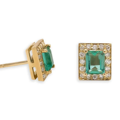 18k gold emerald halo stud earrings with diamond accents