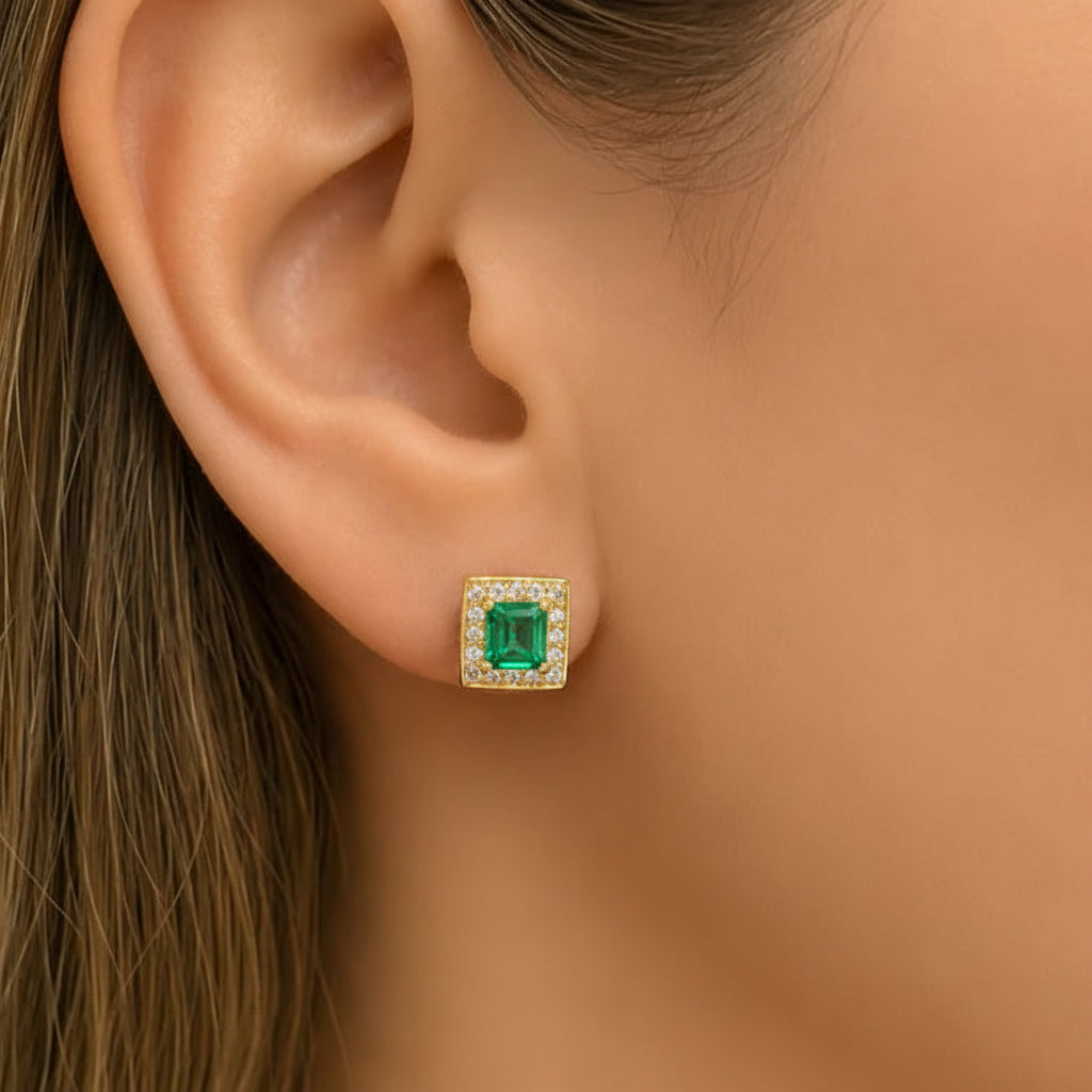 18k gold emerald halo stud earrings with diamond accents