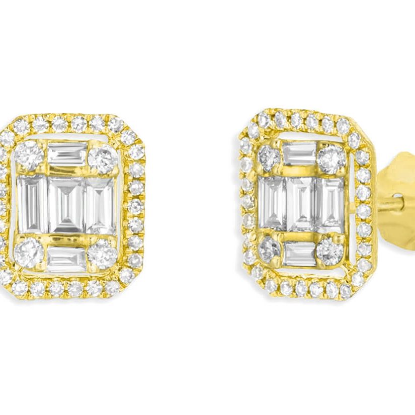 18k yellow gold emerald illusion diamond halo stud earrings by Diamond Tales