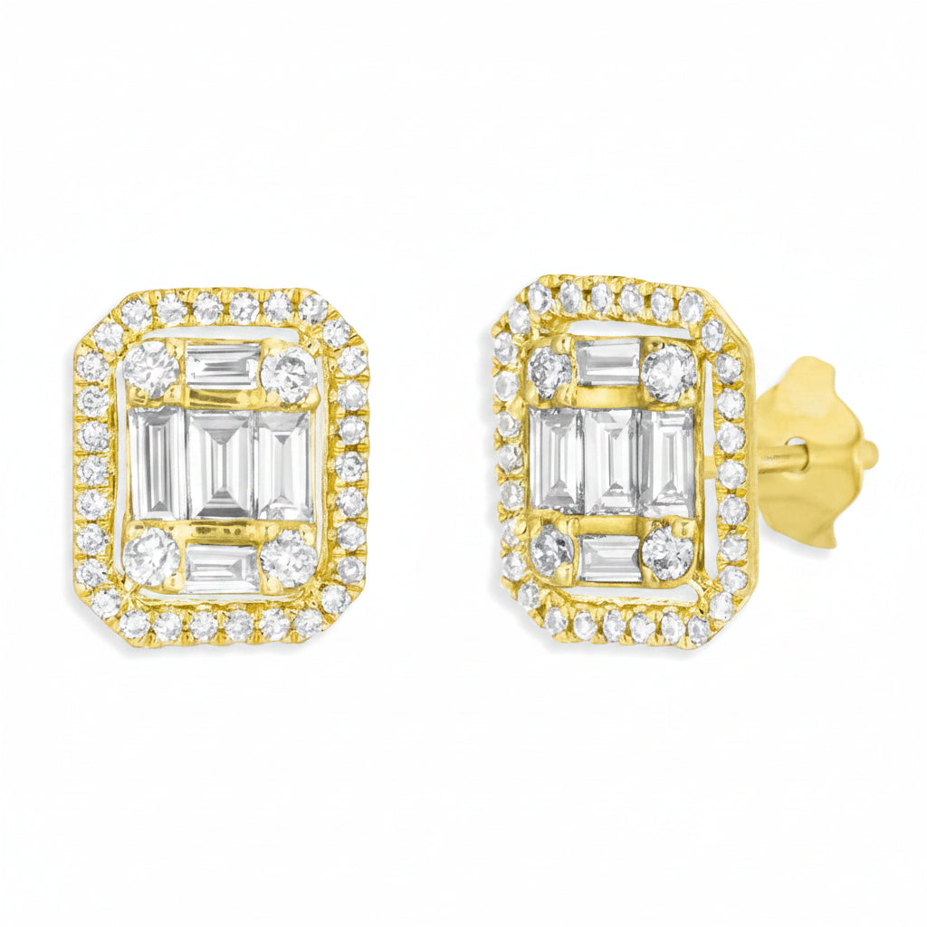 18k yellow gold emerald illusion diamond halo stud earrings by Diamond Tales