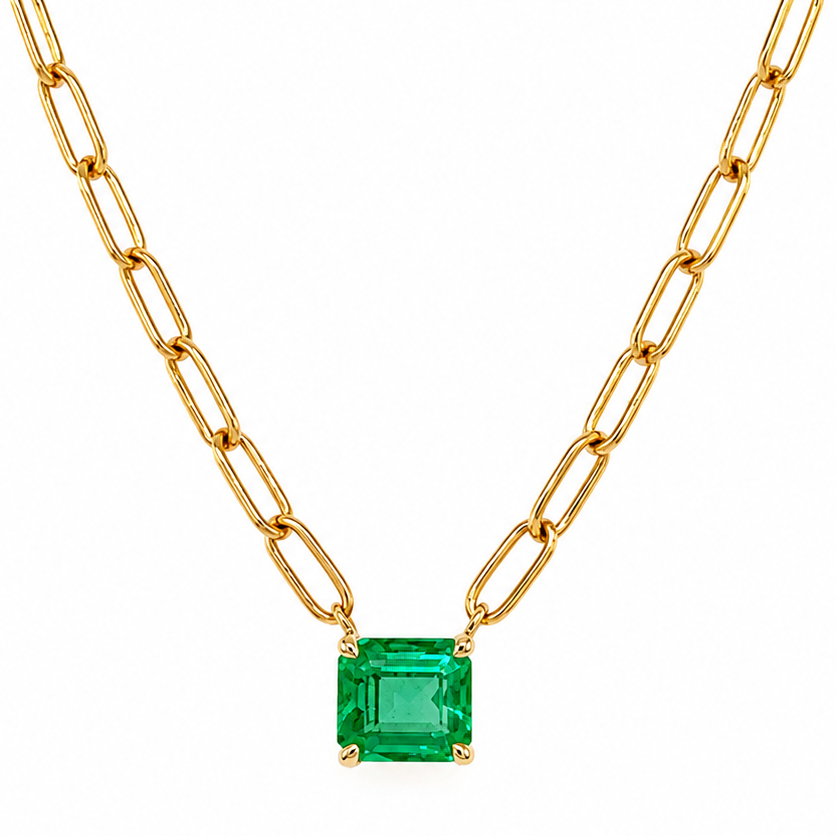 14k gold paper clip chain necklace with 0.54 ct natural emerald