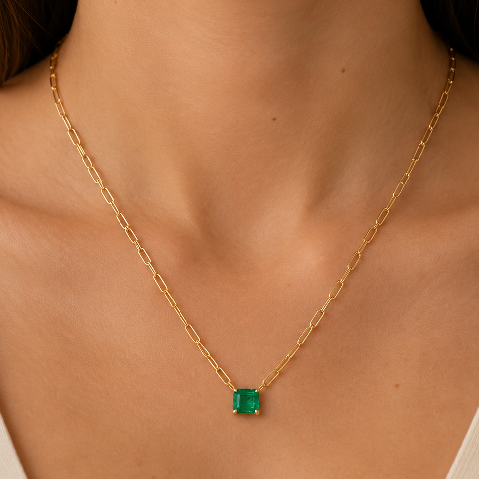 14k gold paper clip chain necklace with 0.54 ct natural emerald