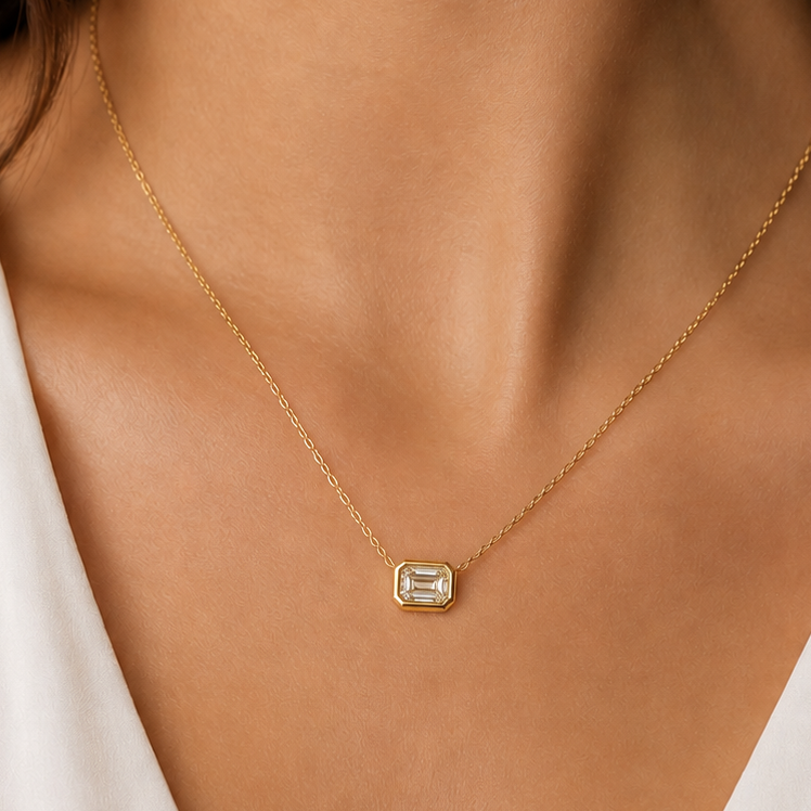 Fancy Yellow diamond solitaire necklace shown worn at the collarbone