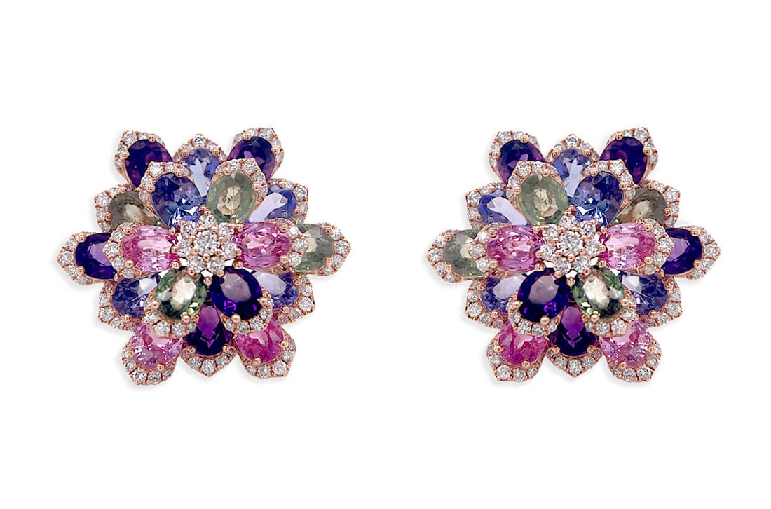 18k rose gold flower stud earrings featuring multicolor gemstones and diamond accents