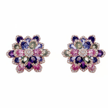 18k rose gold flower stud earrings featuring multicolor gemstones and diamond accents