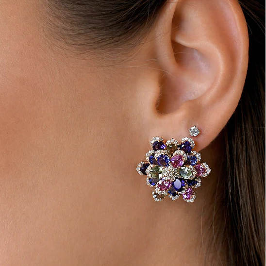 18k rose gold flower stud earrings featuring multicolor gemstones and diamond accents