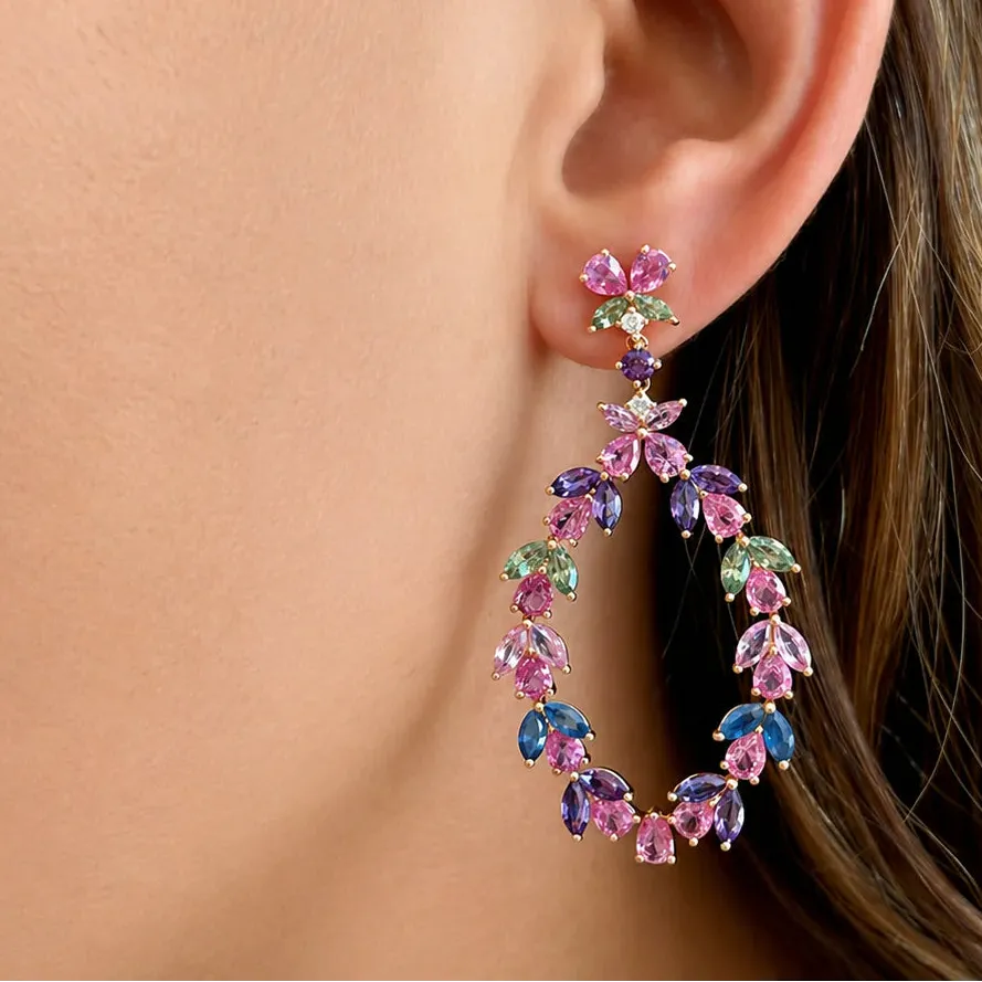 18k rose gold drop earrings with floral cluster of sapphires and amethysts, diamond accent
