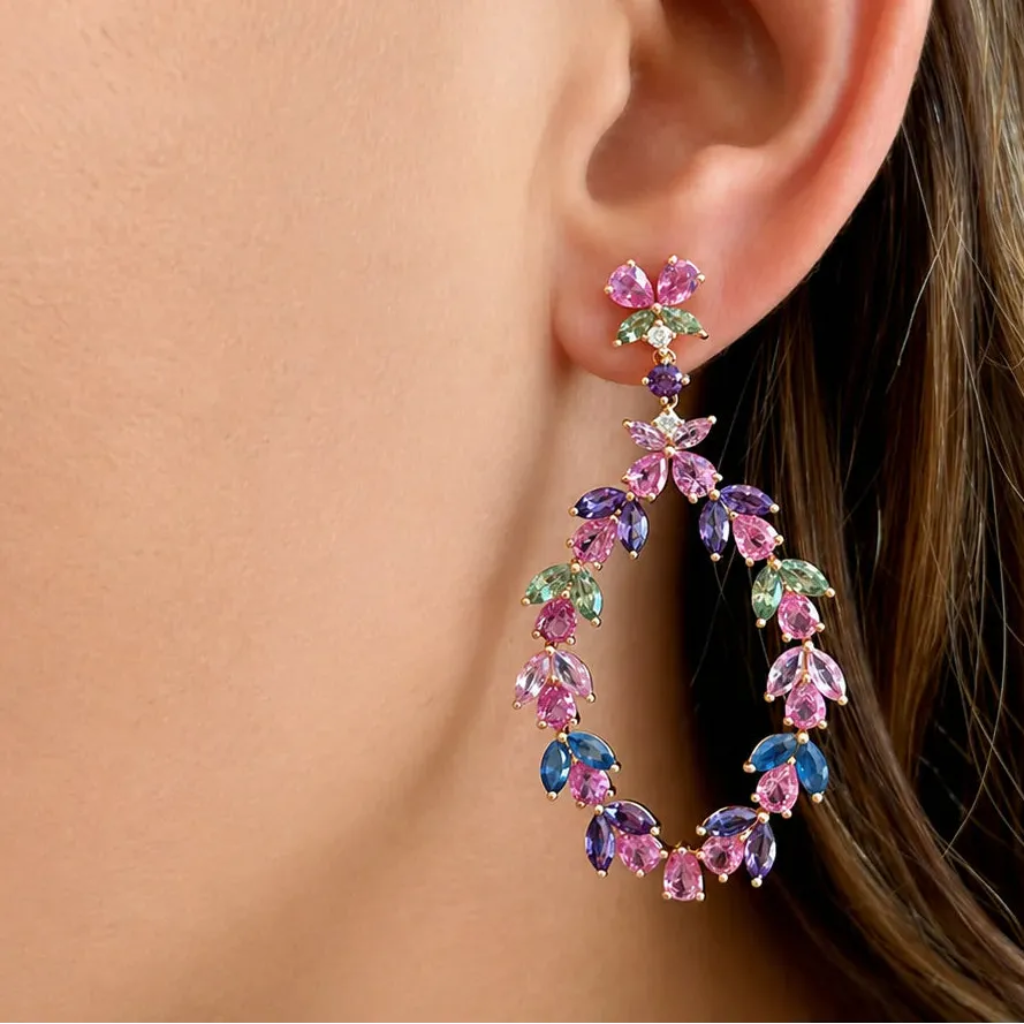 18k rose gold drop earrings with floral cluster of sapphires and amethysts, diamond accent