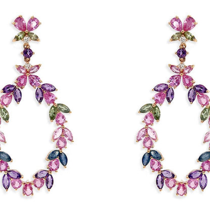 18k rose gold drop earrings with floral cluster of sapphires and amethysts, diamond accent