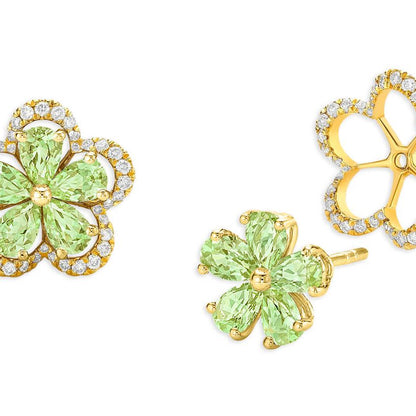 18k gold floral stud earrings with green garnet petals and detachable diamond jacket