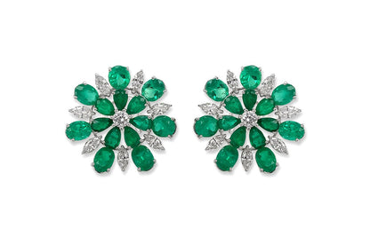 18k white gold flower earrings with emerald petals and diamond accents