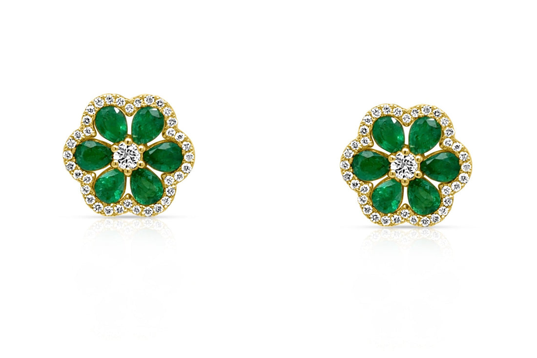 18k yellow gold flower earrings with emeralds and round brilliant diamonds by Diamond Tales