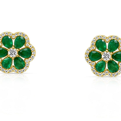 18k yellow gold flower earrings with emeralds and round brilliant diamonds by Diamond Tales