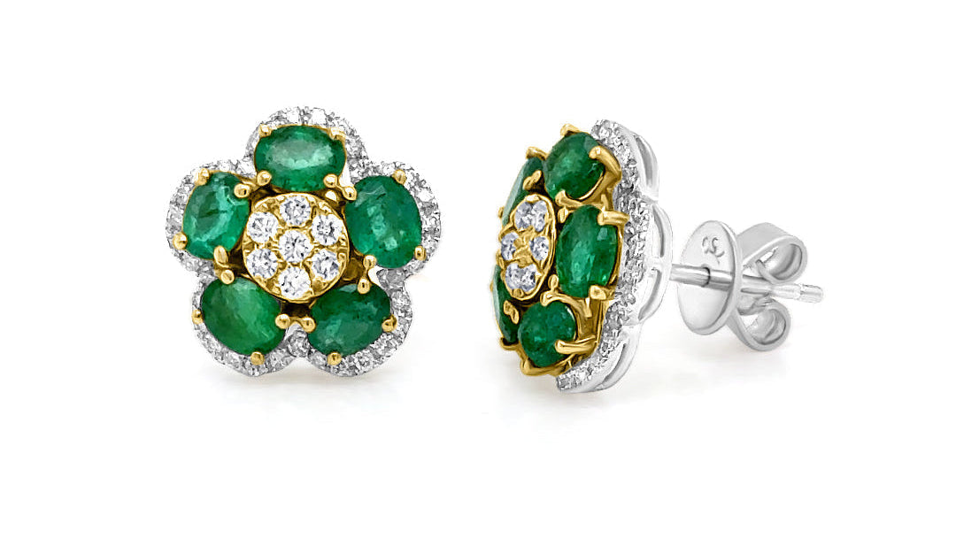 18k yellow and white gold flower earrings with emeralds and round brilliant diamonds by Diamond Tales