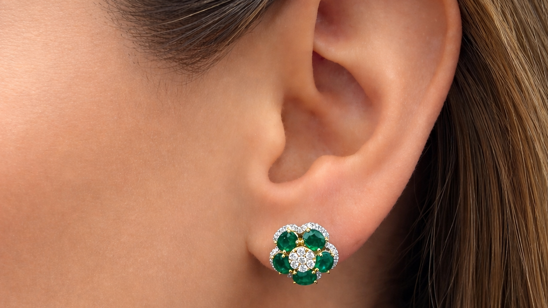 18k yellow and white gold flower earrings with emeralds and round brilliant diamonds by Diamond Tales