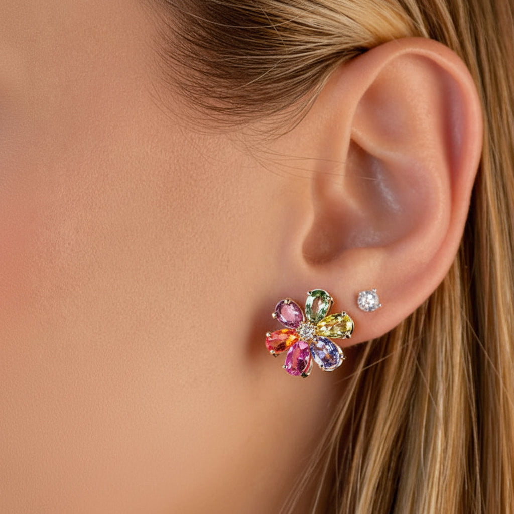 18k yellow gold floral stud earrings with multicolor oval gemstones and diamond center