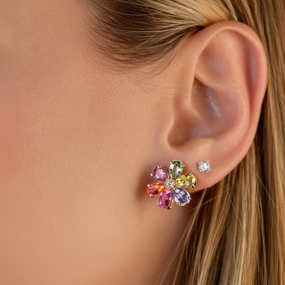 18k yellow gold floral stud earrings with multicolor oval gemstones and diamond center