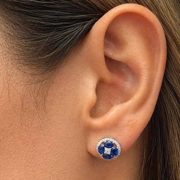 18k gold flower oval kyanite and diamond stud earrings by Diamond Tales