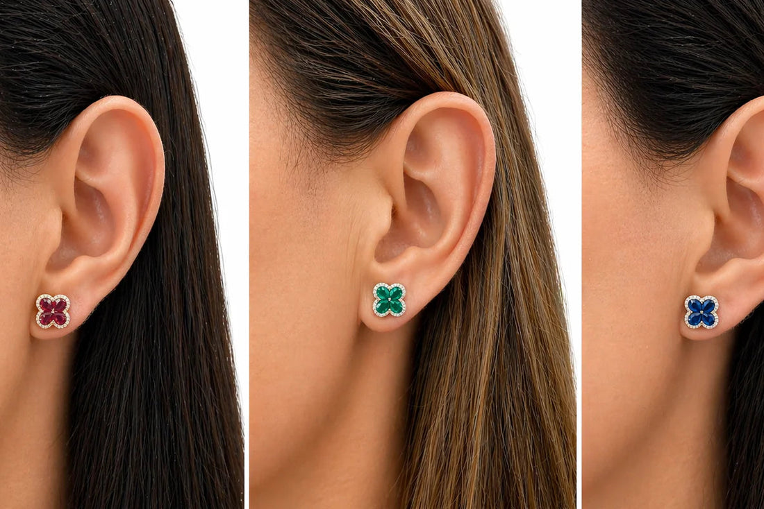 18k gold flower stud earrings with sapphire, rubies, emeralds petals and diamond centers