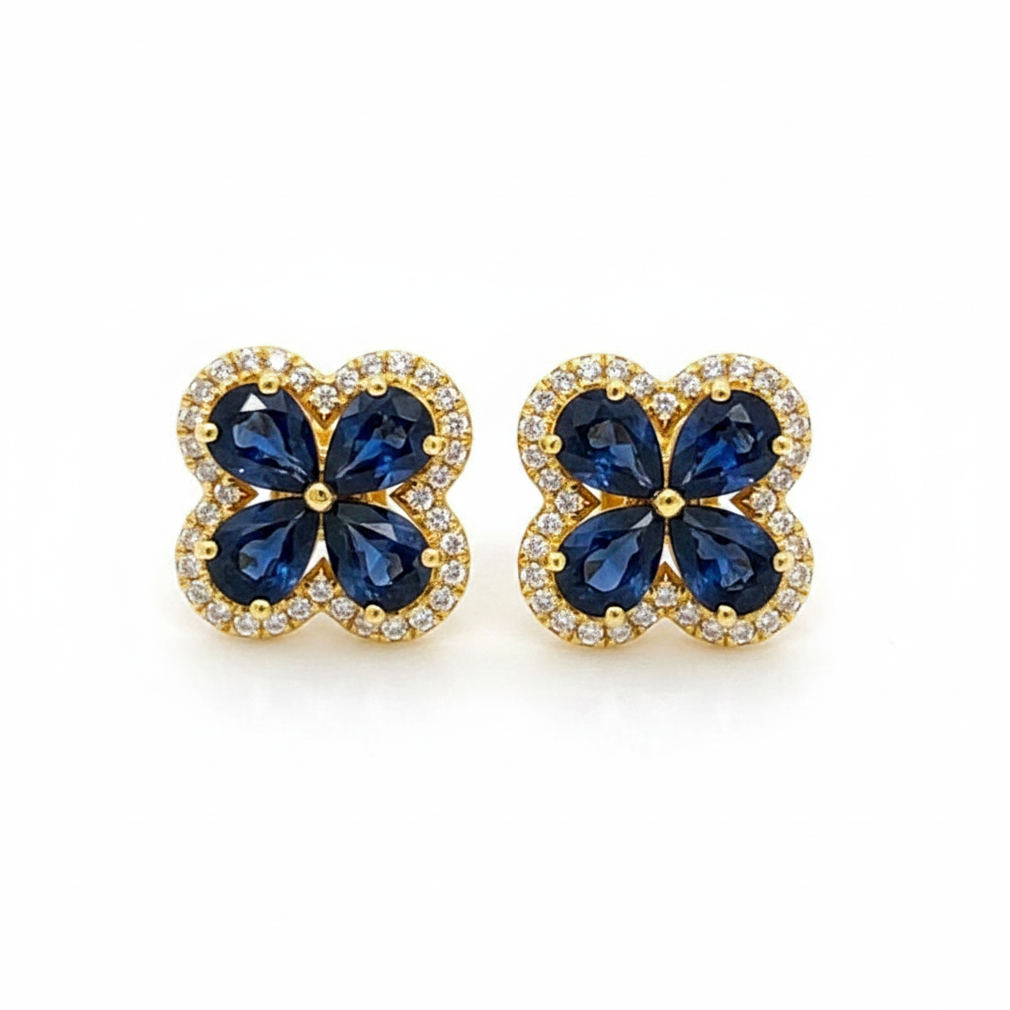 18k gold flower stud earrings with sapphire, rubies, emeralds petals and diamond centers