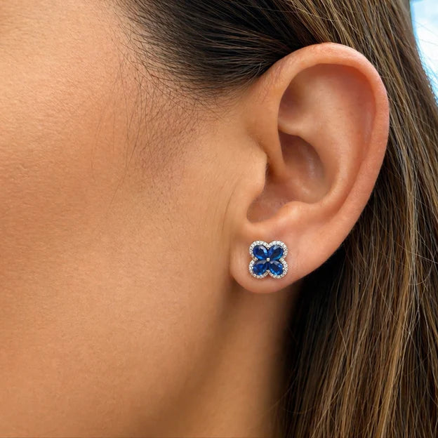18k gold flower stud earrings with sapphire, rubies, emeralds petals and diamond centers