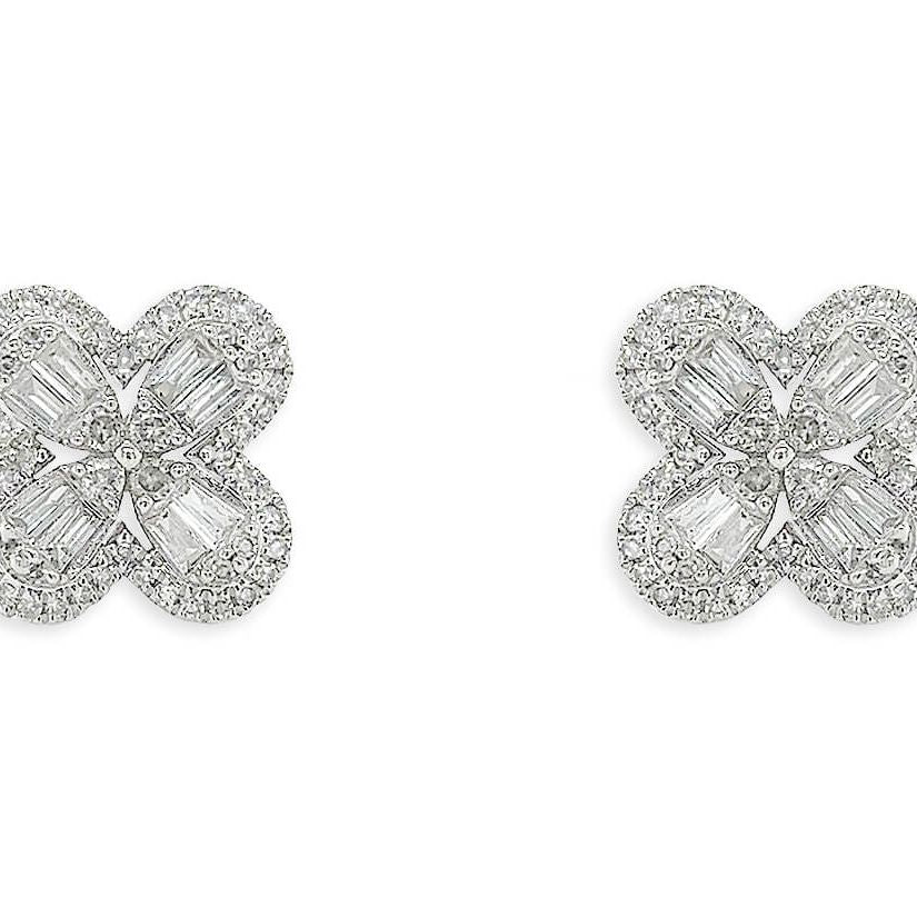 18k gold four petal halo diamond flower earrings by Diamond Tales
