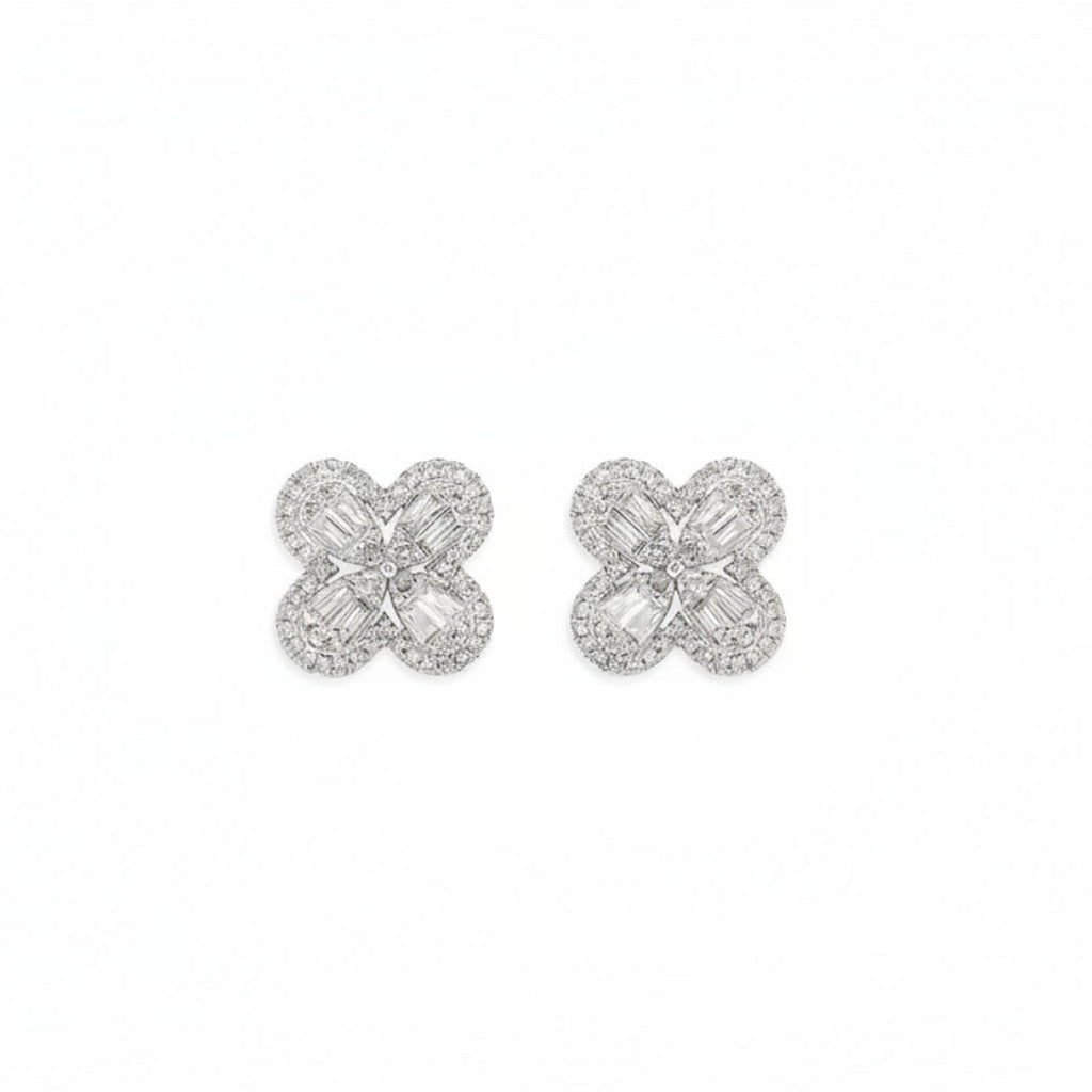 18k gold four petal halo diamond flower earrings by Diamond Tales
