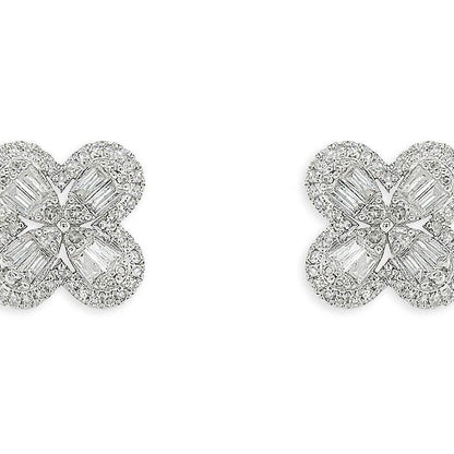 18k gold four petal halo diamond flower earrings by Diamond Tales